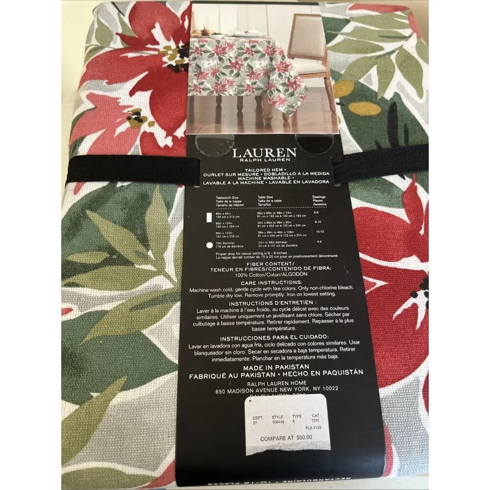 RALPH LAUREN Tablecloth 60x120 Rectangular Vibrant Large Poinsettias